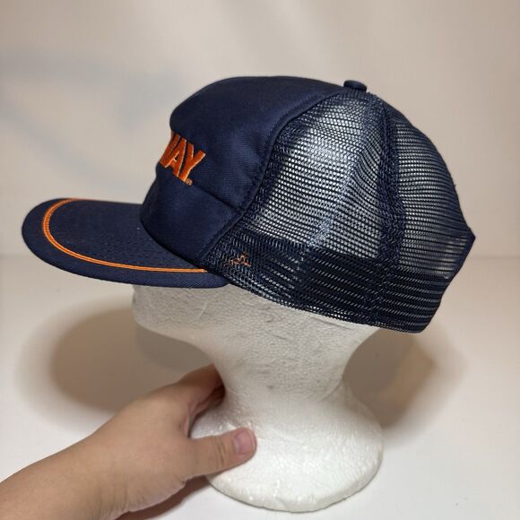 Vintage Roadway Hat Snapback Trucker Cap Mens Blue Orange Mesh Back Made In USA - Picture 2 of 6